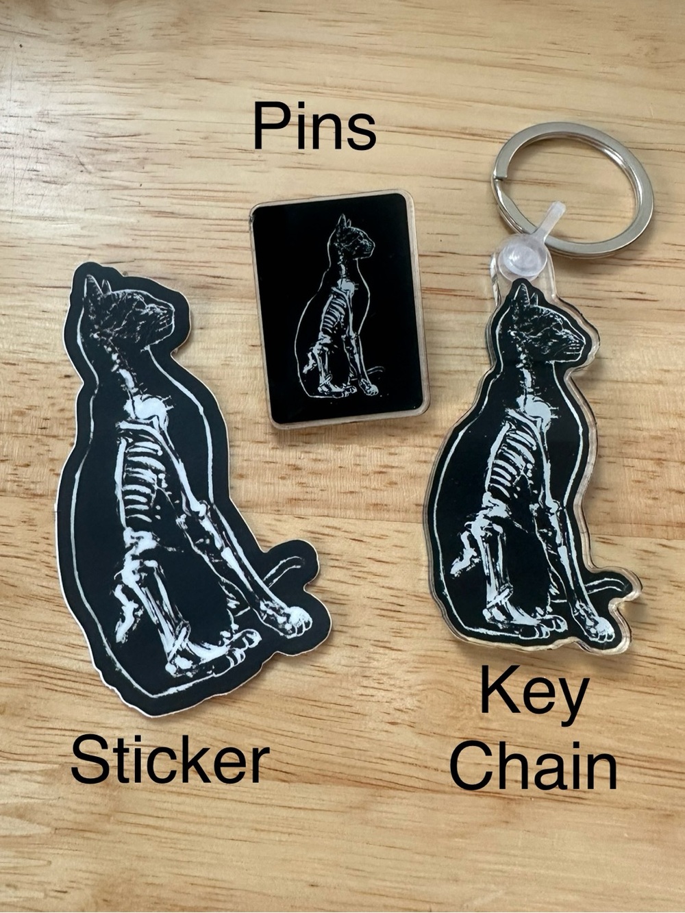 Skeleton CatPin, Sticker & Keychain Set -Black & White.Original art by S_K_Art.